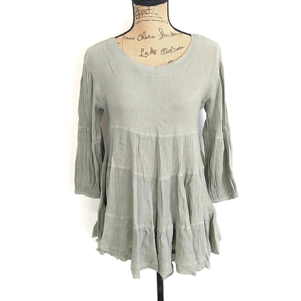 Entro Sage Green Gauze Babydoll Tunic Top Boho Tiered Flowy Lagenlook Beach sz S